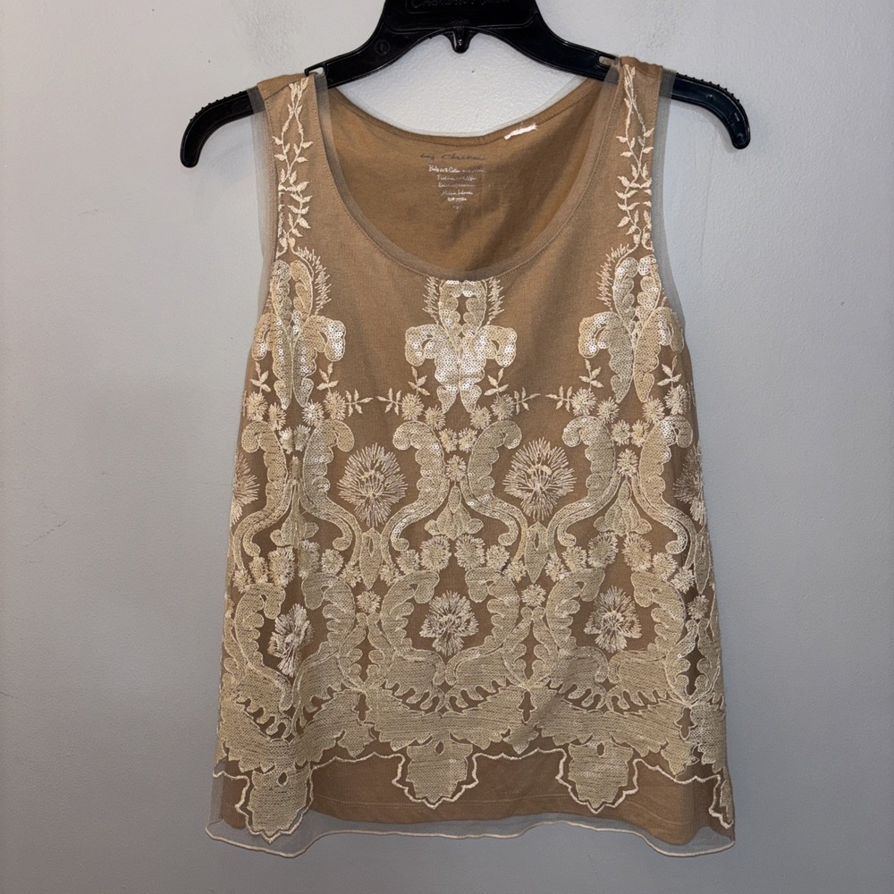 By Chico's Tank Camisole Top Beige Cream Embroidered Sequin Motif‎ Size M